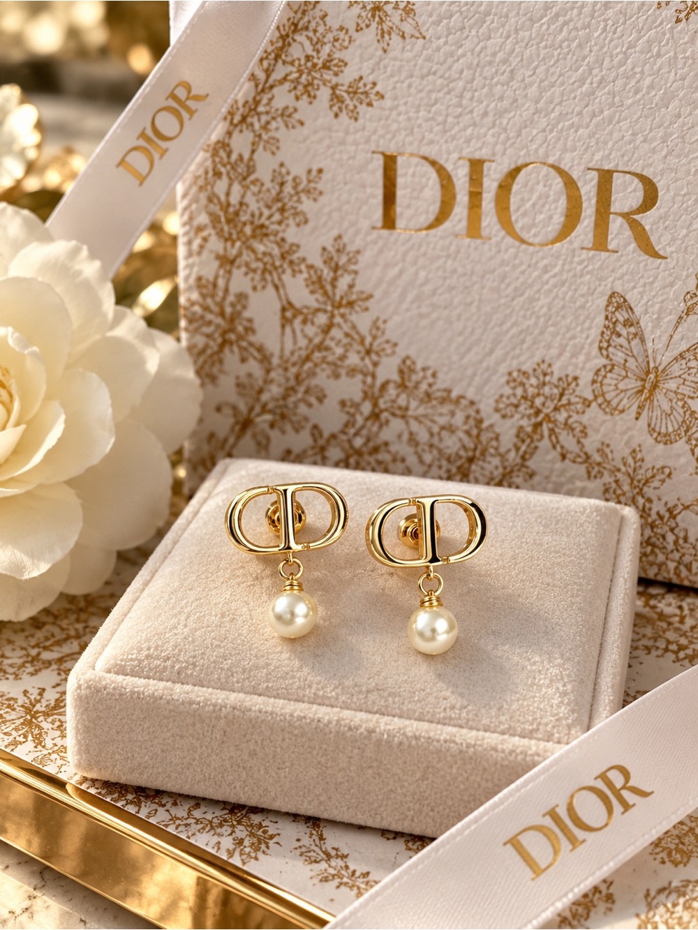 Dior Gold and Cream Pearl CD Drop Earrings